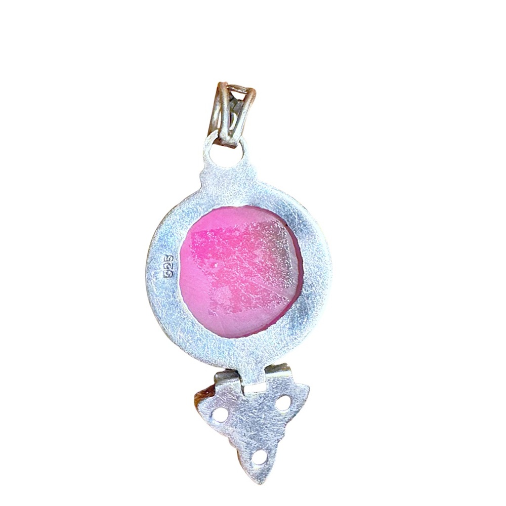π Vintage Sterling Silver Pink Druzy Agate & Rose Quartz Pendant - Picture 11 of 12